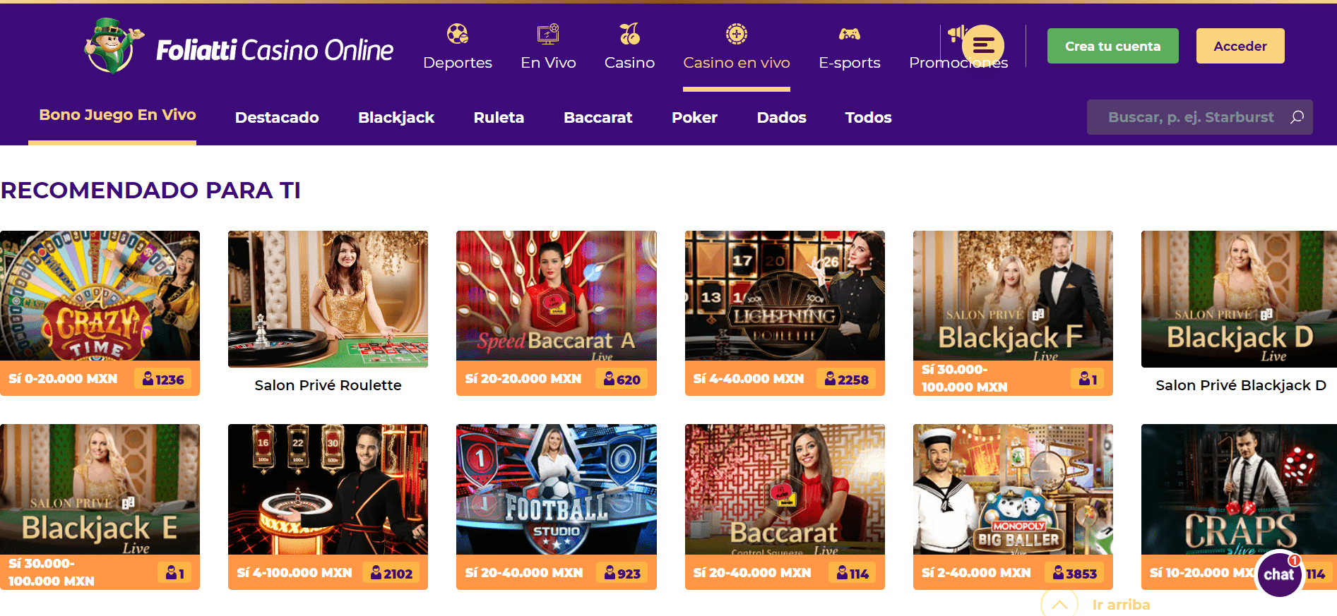 Juegos en vivo de Foliatti Casino