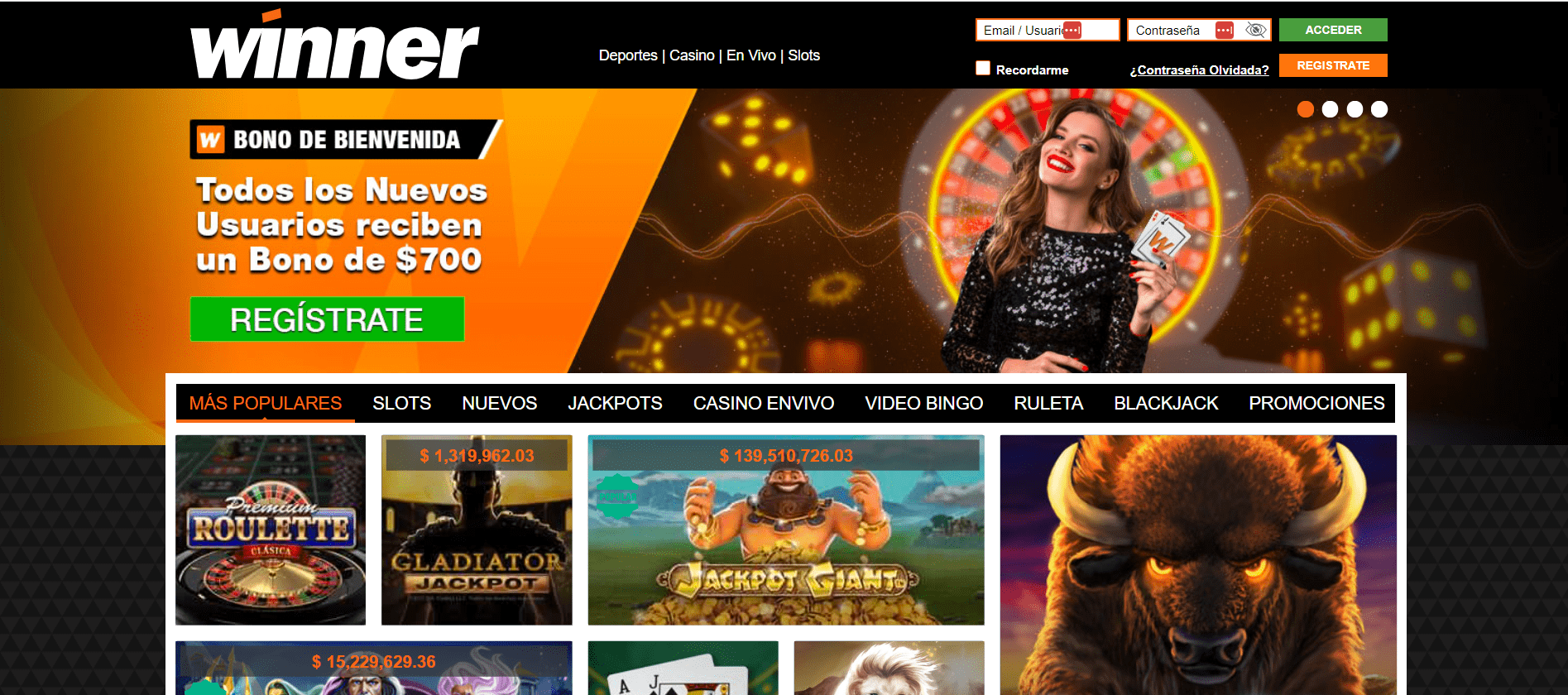 Sitio web de Winner Casino MX
