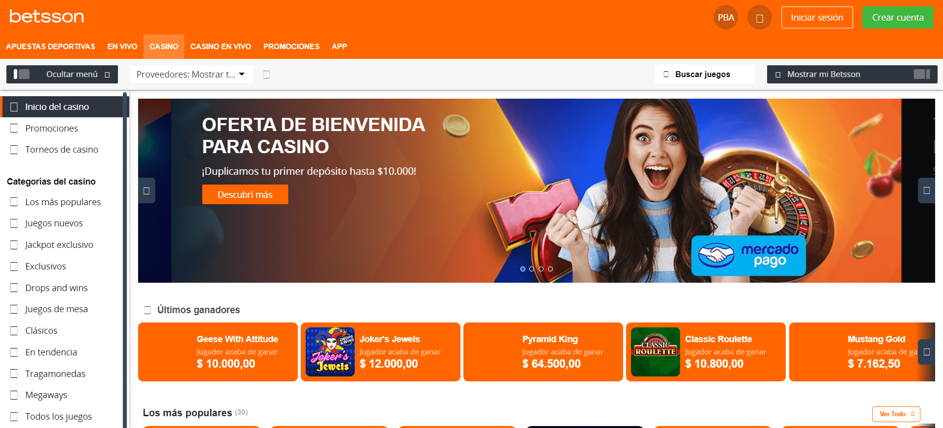 Sitio web de Betsson Casino AR