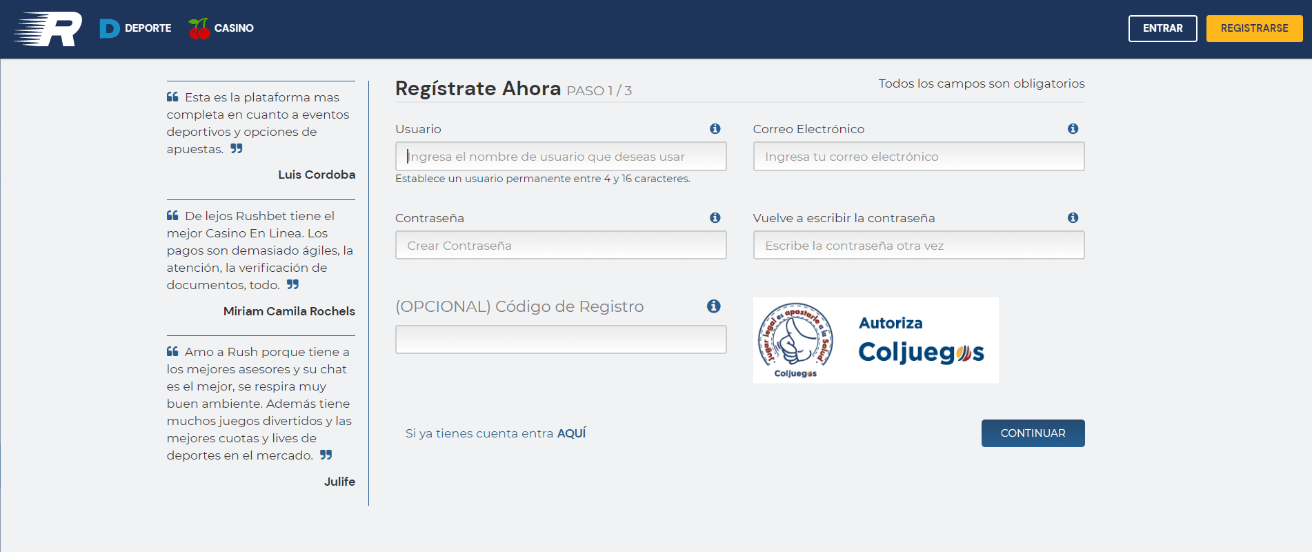 Registro en Rushbet Colombia